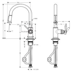 AXOR Montreux Single Lever Kitchen Mixer Tap 180 With Pull Out Spray - Brushed Brass - 16581950 5 AXOR Montreux Single Lever Kitchen Mixer Tap 180 With Pull Out Spray - Brushed Brass - 16581950 -Kitchen Shop 16581950 dimensions 1