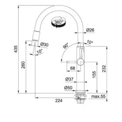 Franke Pescara Swivel Up & Down Kitchen Mixer Tap - Chrome - 115.0523.286 -Kitchen Shop 1 1 115.0523.286 dimensions