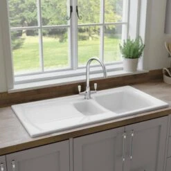 Rangemaster Tenby 1.5 Bowl Fire Clay Ceramic Kitchen Sink - White - CTE10102WH/ -Kitchen Shop cte10102wh lifestyle1