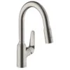 Hansgrohe Focus M42 Single Lever Kitchen Mixer Tap 180 With Pull-Out Spray 2 Spray Modes - Stainless Steel - 71801800