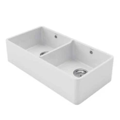 Rangemaster Farmhouse Belfast Ceramic 2 Bowl Sink 895x460mm - White - CFBL900WH/ -Kitchen Shop r a rangemaster cfbl900wh side view